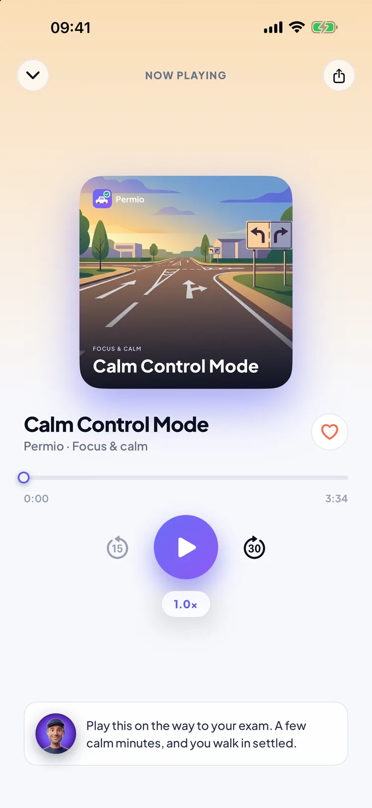 Permio audio player with the Calm Control Mode episode, playback controls and a coach tip to play it on the way to the exam