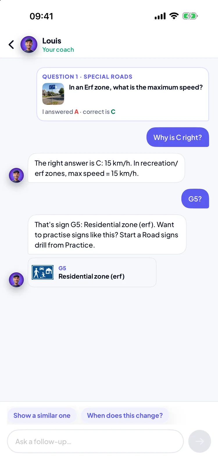 Permio Ask coach chat about a missed question on the speed limit in an erf zone, where the coach explains that 15 km/h is the right answer
