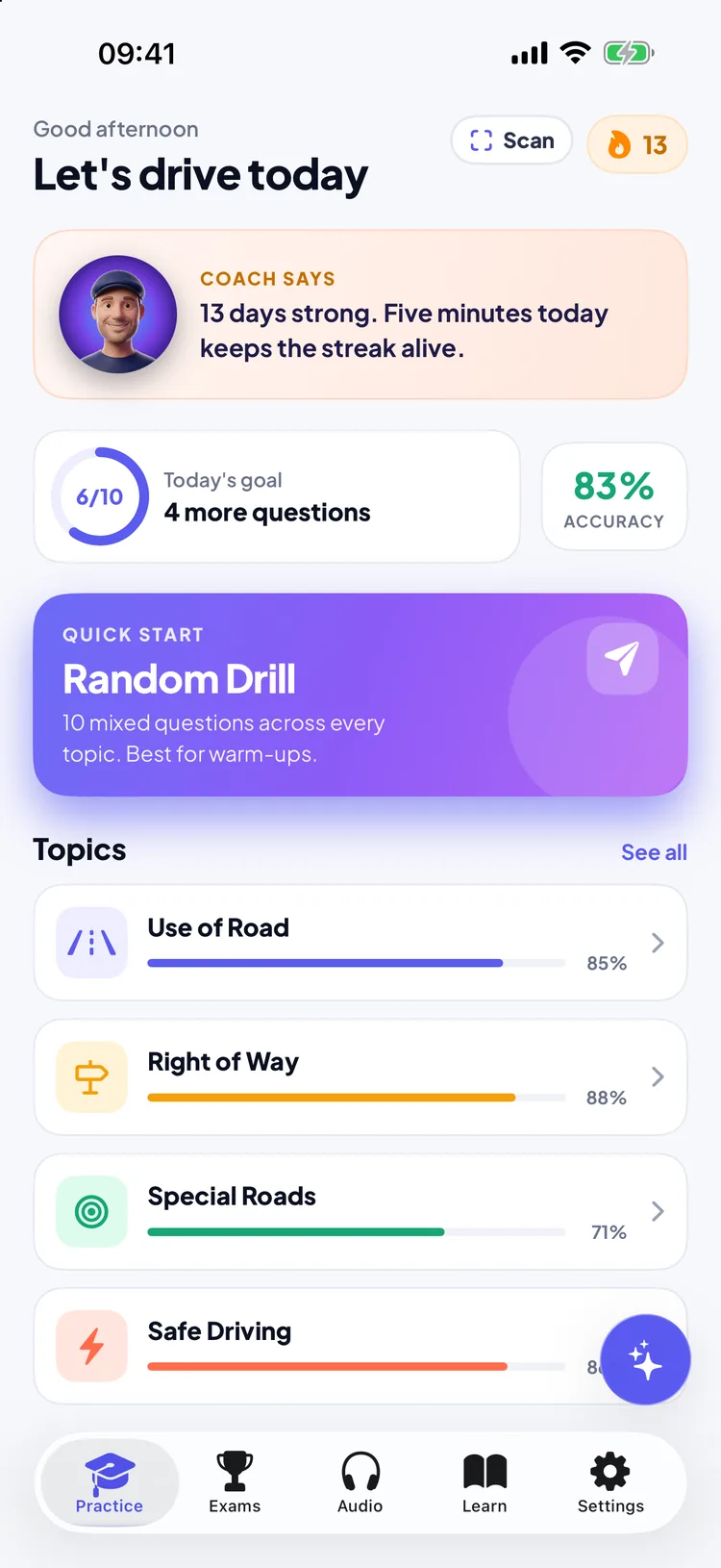 Permio practice home screen with a Coach says message about a 13-day streak, a daily goal ring, 83% accuracy, the Random Drill quick start and topic progress