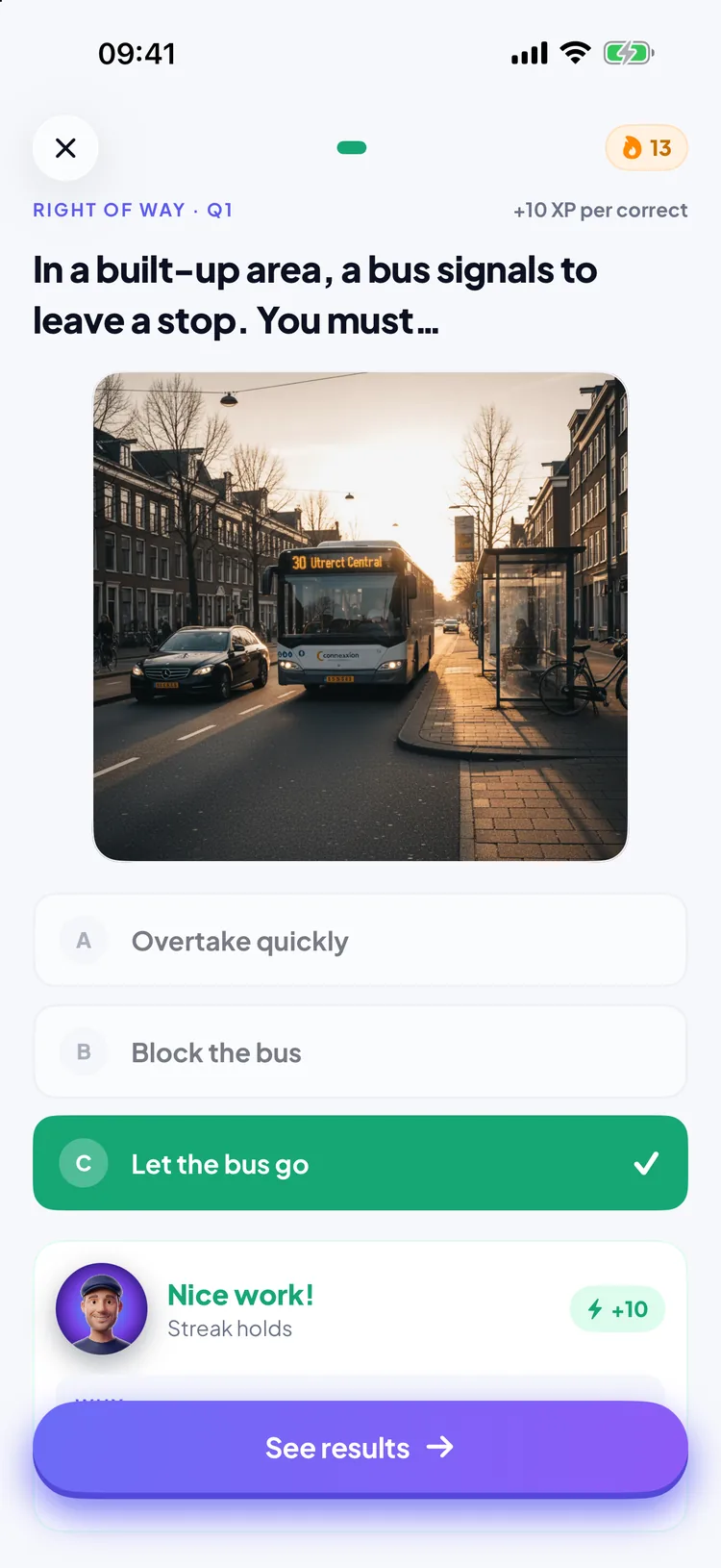 Permio practice question with a photo of a bus pulling away from a Dutch bus stop, the right answer Let the bus go marked green and a Nice work note from the coach