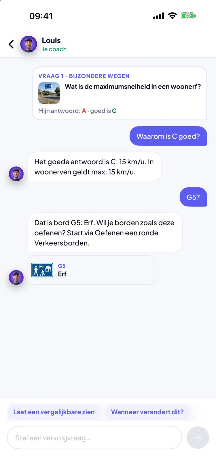 Permio-chat met de coach over een gemiste vraag over de maximumsnelheid in een woonerf, waarin de coach uitlegt dat 15 km/u het goede antwoord is